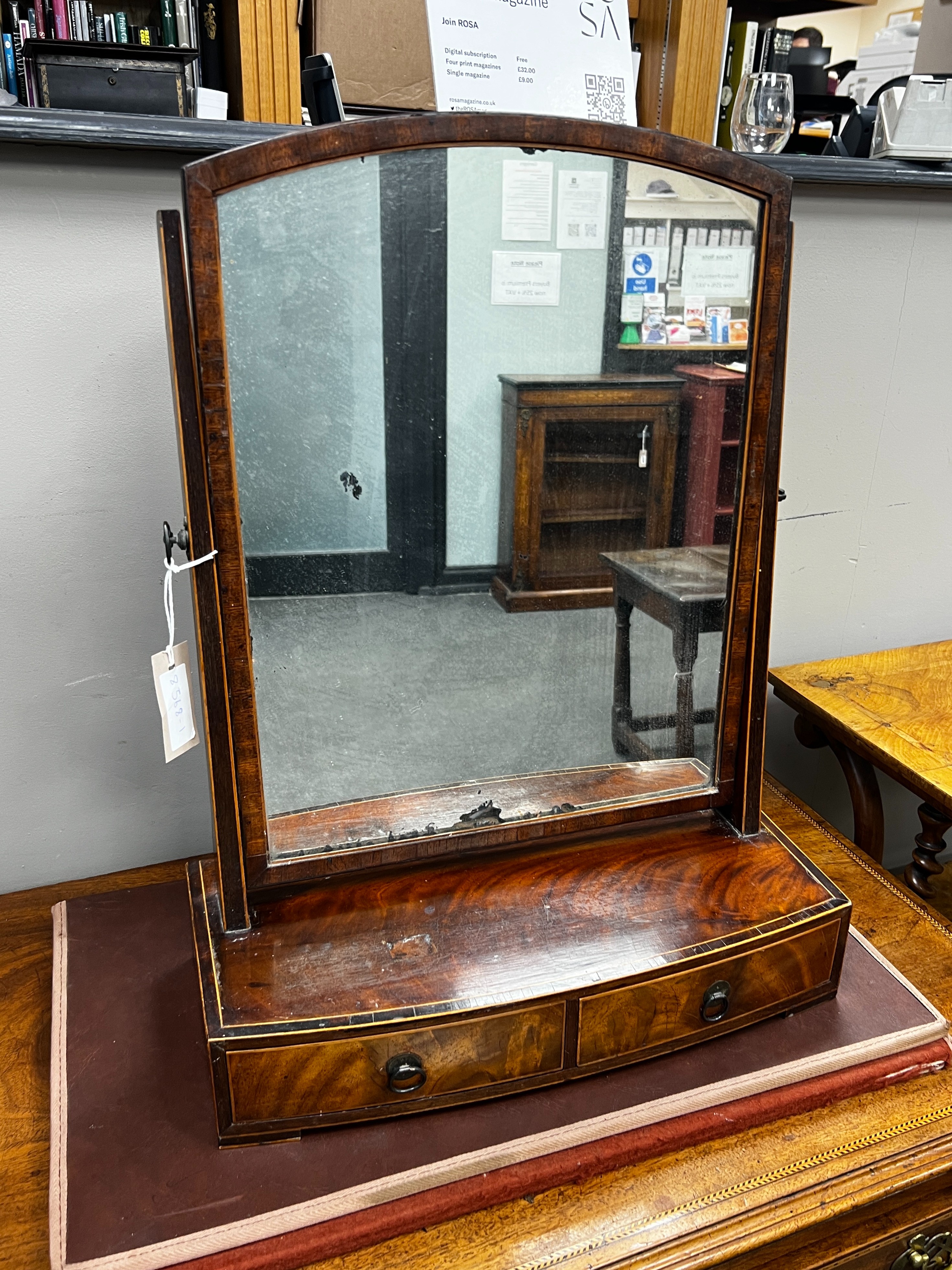 A George III mahogany bow front toilet mirror, width 45cm, height 58cm